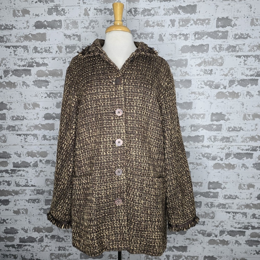 Avenue 22/24 Womens Brown Acrylic Yarn Fringed Brown Knit Coat‎ Button Closure